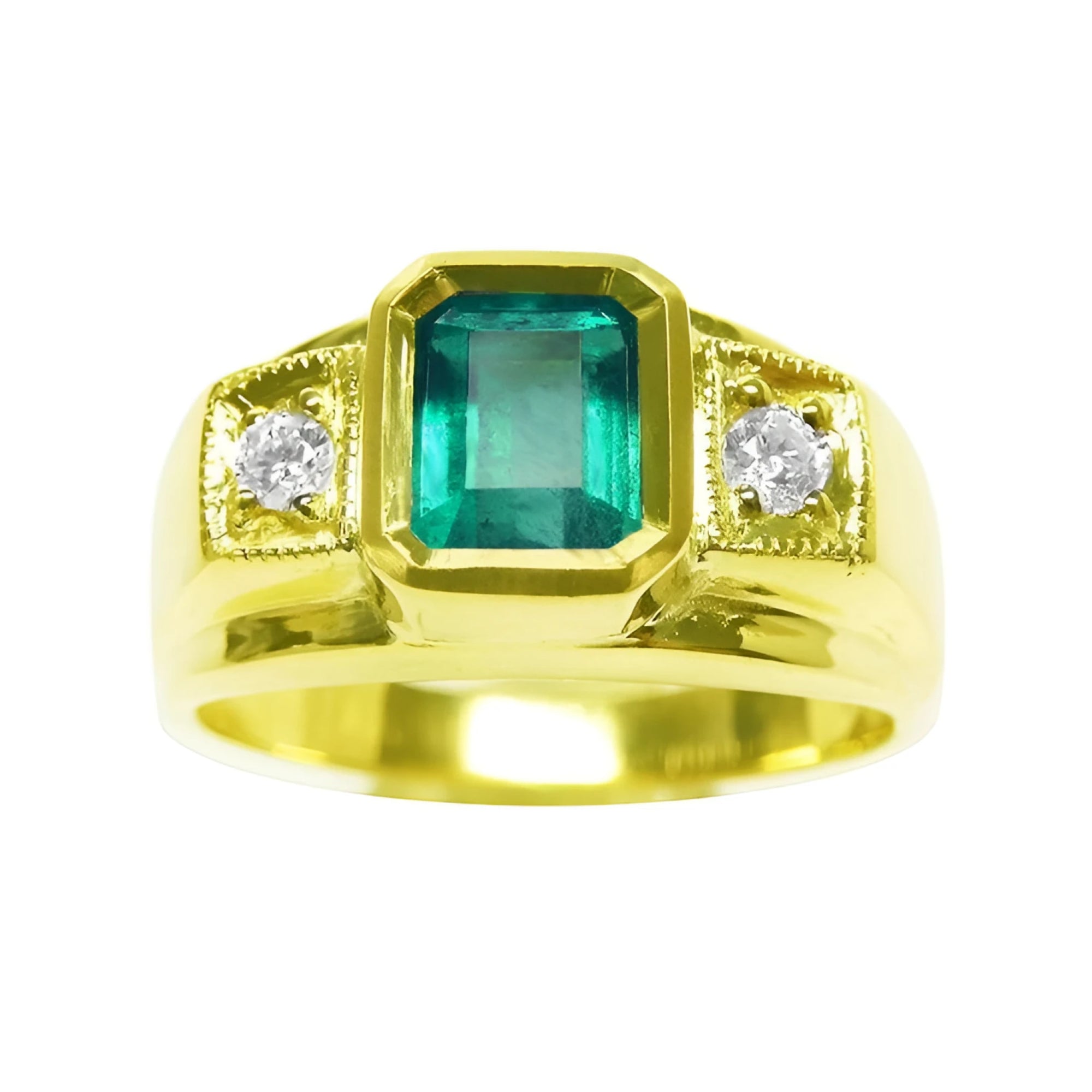 A 18k yellow gold men's natural colombian emerald ring with accent side diamonds.