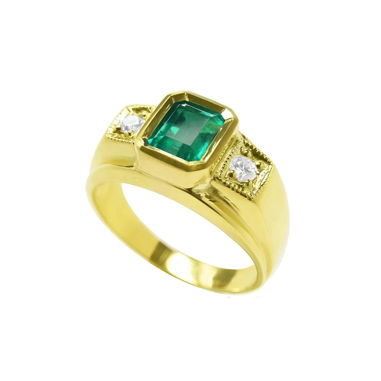 18K yellow gold men's ring with a bezel-set Colombian emerald and two prong-set side diamonds.