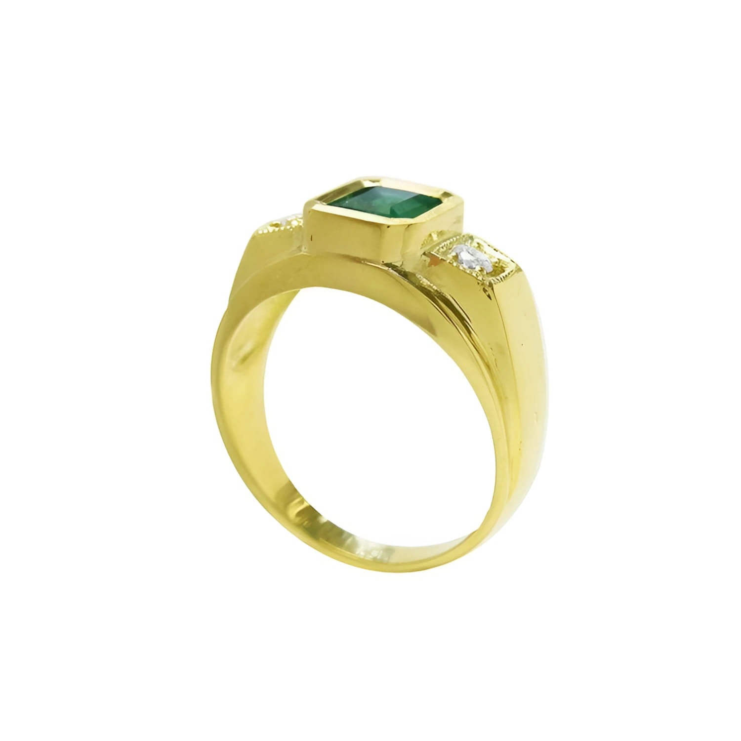 Men's 18K yellow gold ring with a bezel-set Colombian emerald and two side diamonds.