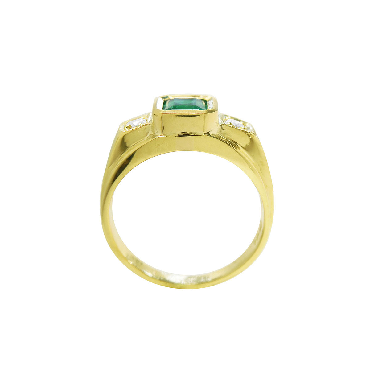 Gold mens ring with emerald on a lateral side view white background