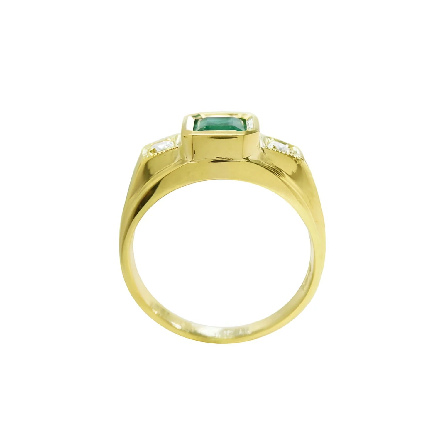 Men's 18K yellow gold ring with a bezel-set Colombian emerald and two side diamonds.
