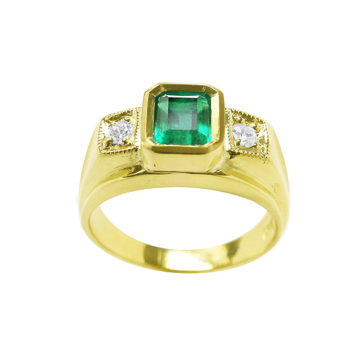 Men's gold ring with a rectangular emerald-cut emerald and two diamonds on a white background