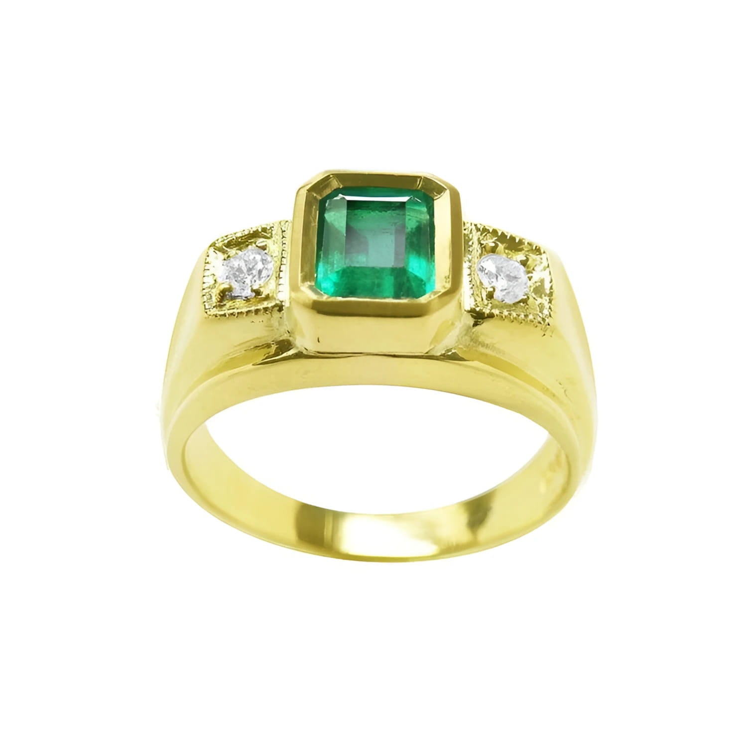 Men's 18K yellow gold ring with a bezel-set emerald and two side diamonds.