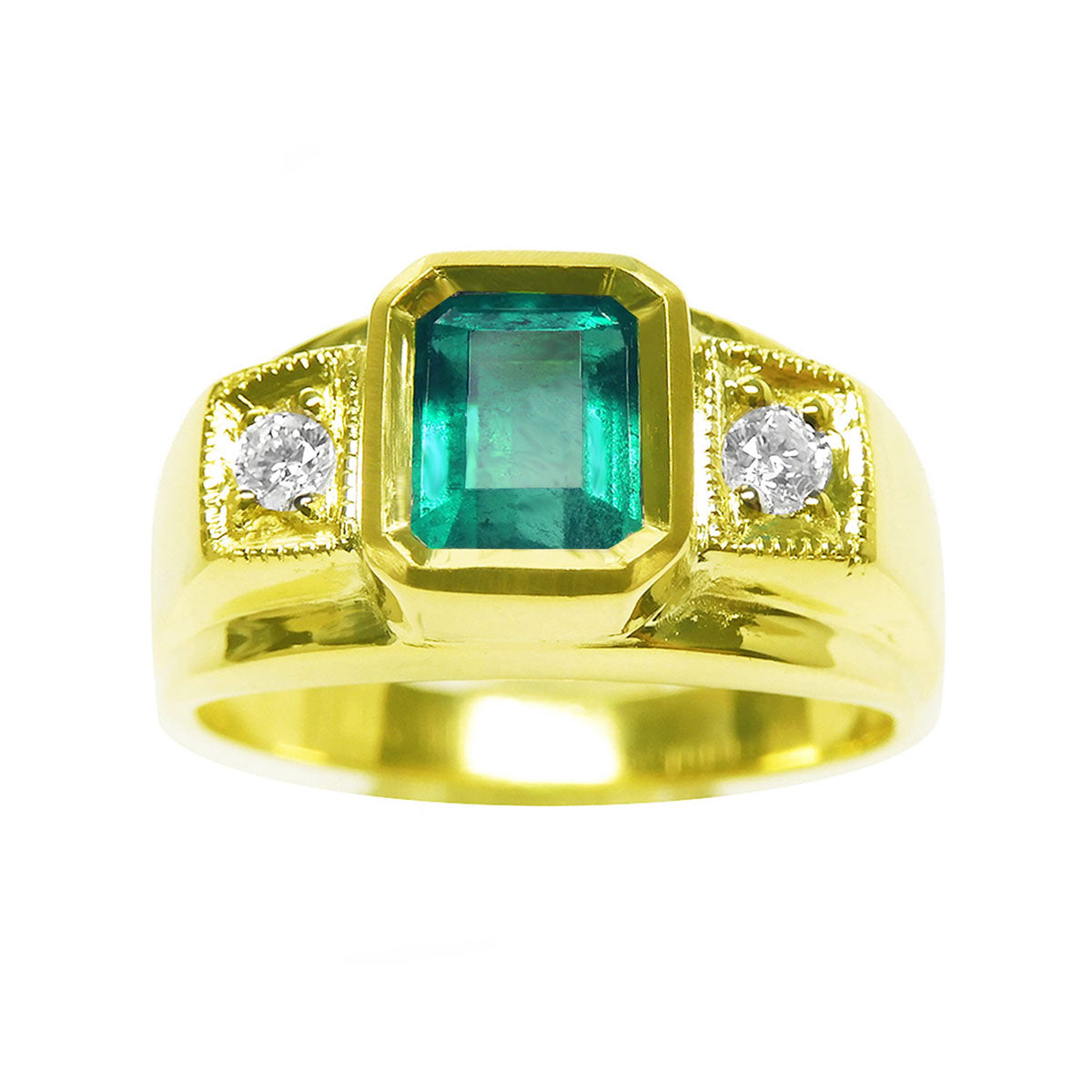 A yellow gold men's emerald ring with accent diamonds on top and side perspective.