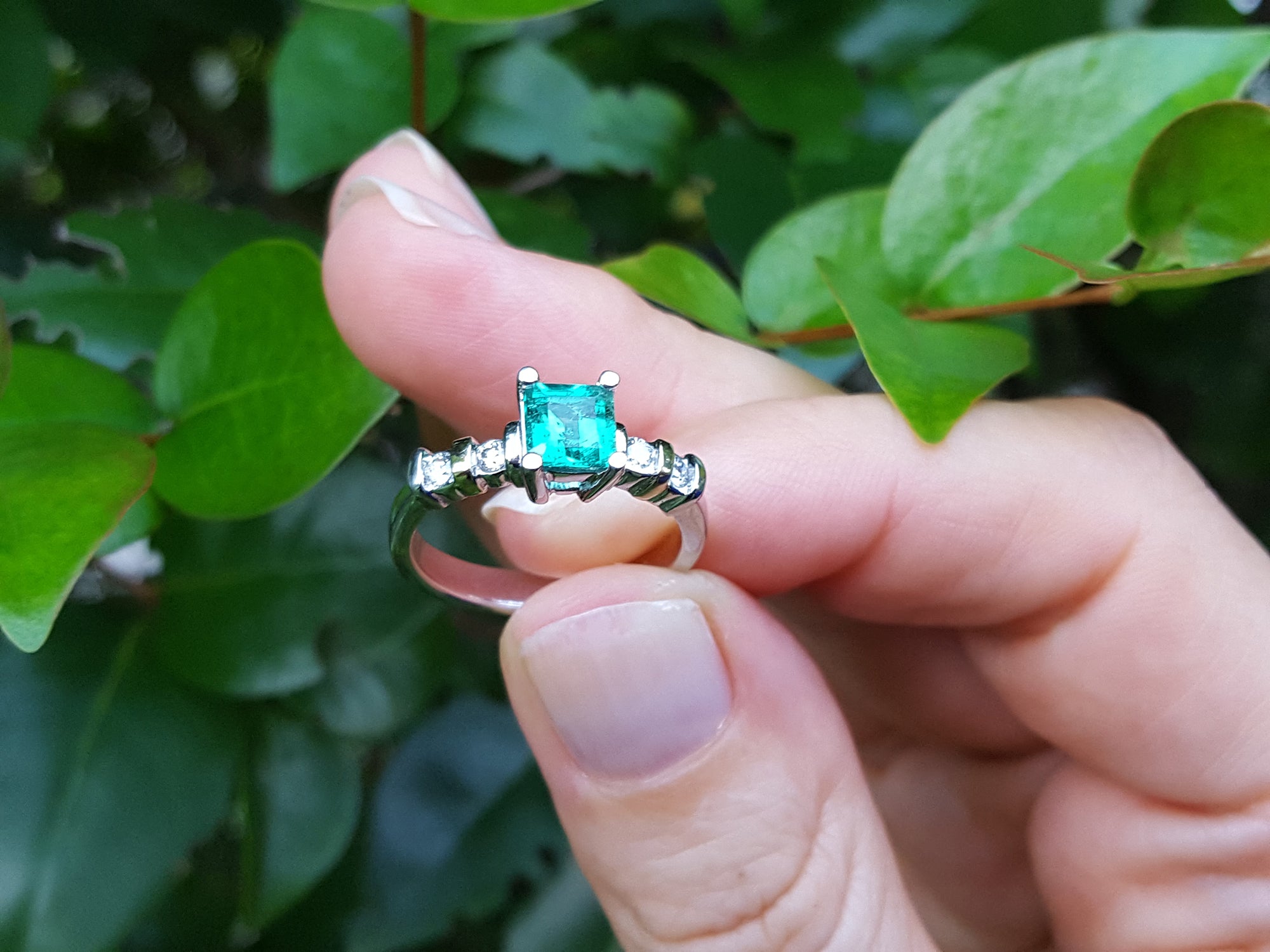 Hand holding a natural emerald ring against a green leafy background.
