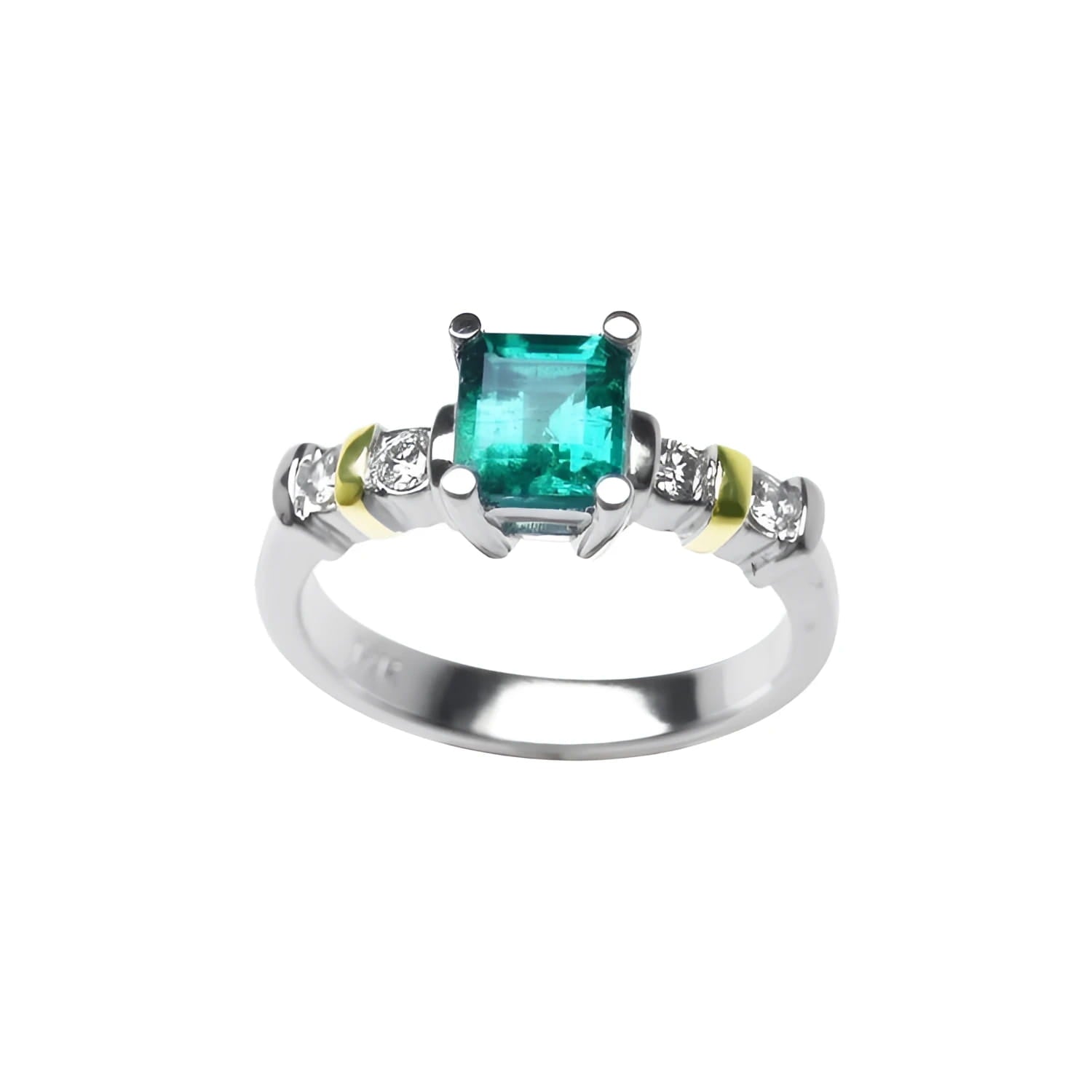 14K white gold ring with a square emerald cut Colombian emerald and side diamonds, accented with yellow gold.