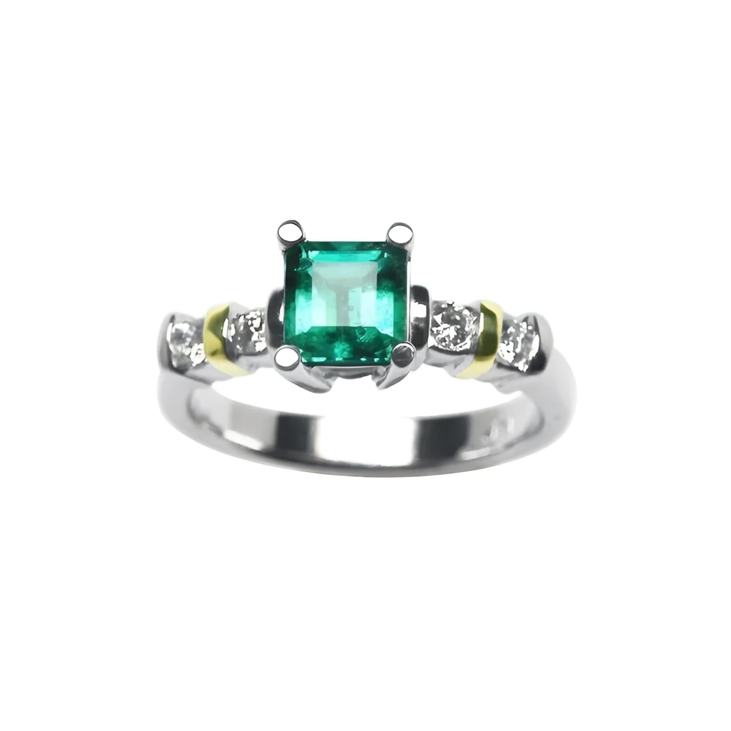 A square natural colombian emerald and accent diamonds ring made of 14k white gold.