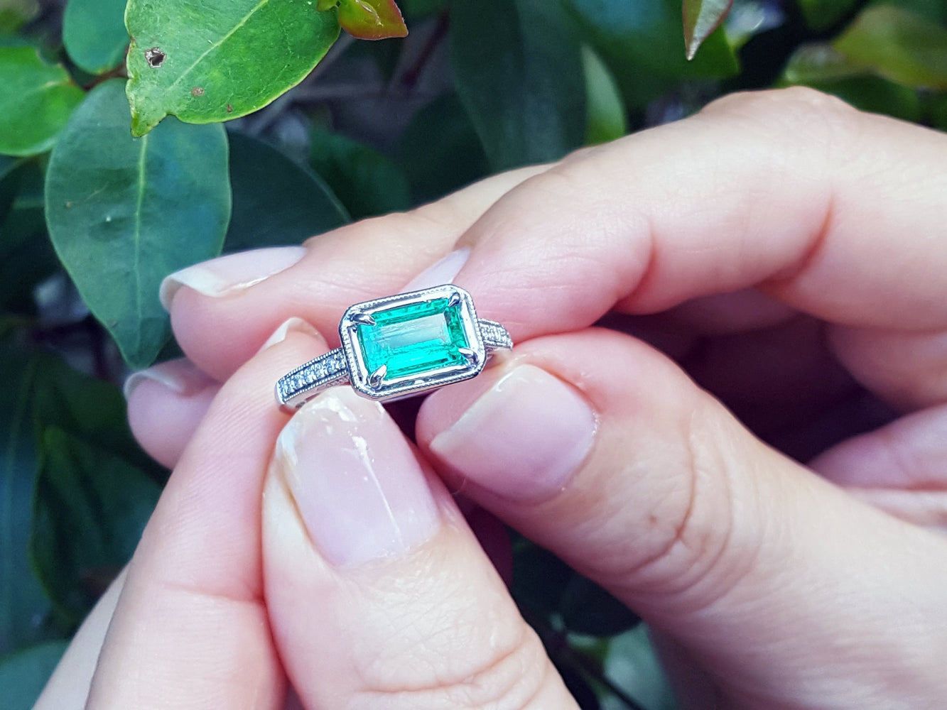 Close-up of a natural emerald ring in white gold held between fingers against a blurred green leaf background.