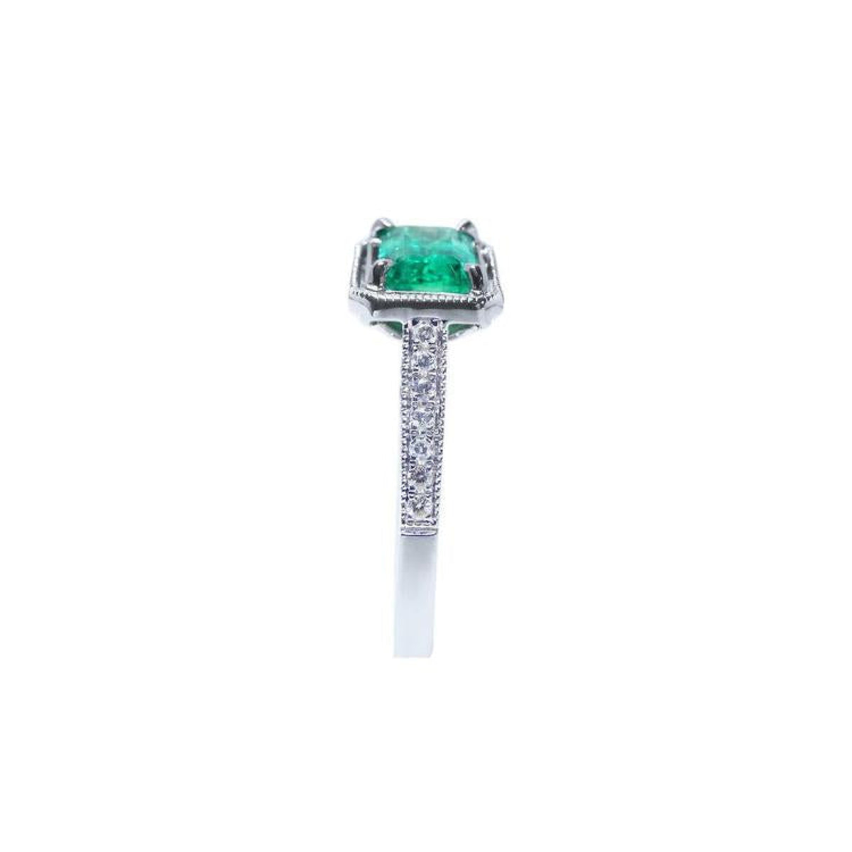 1.21 ct. emerald-cut emerald ring with natural diamonds on a 14K white gold band.