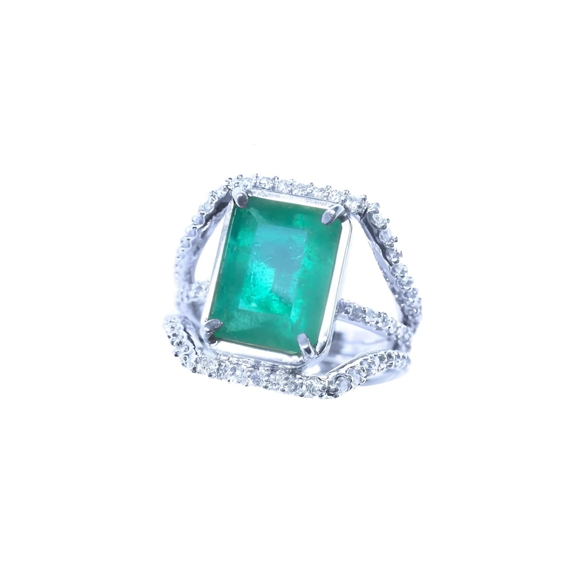Emerald-cut 3.90 ct natural bluish-green emerald ring with triple diamond rows in 14K white gold.