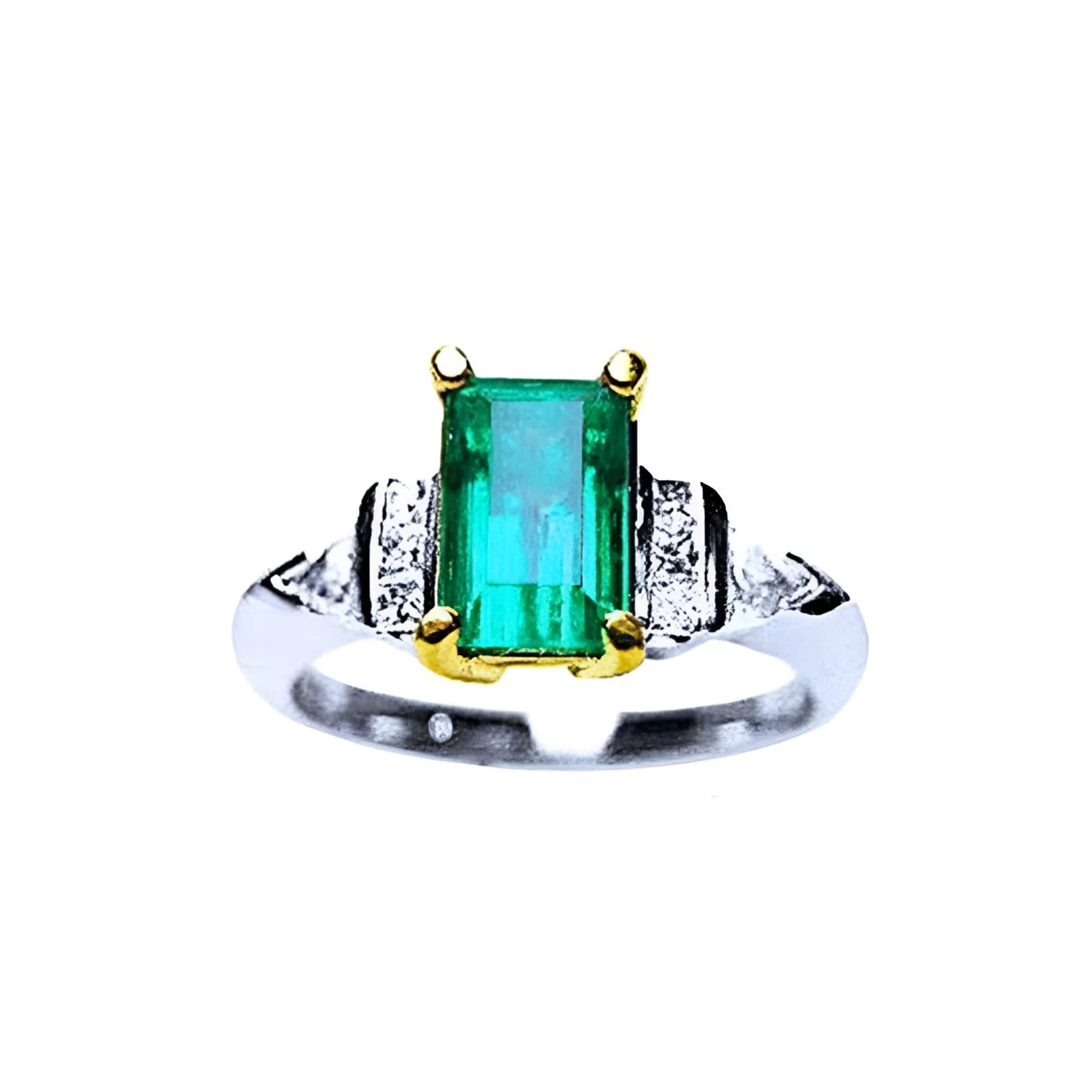 Platinum emerald ring and 18k yellow gold setting with accent side natural diamonds.
