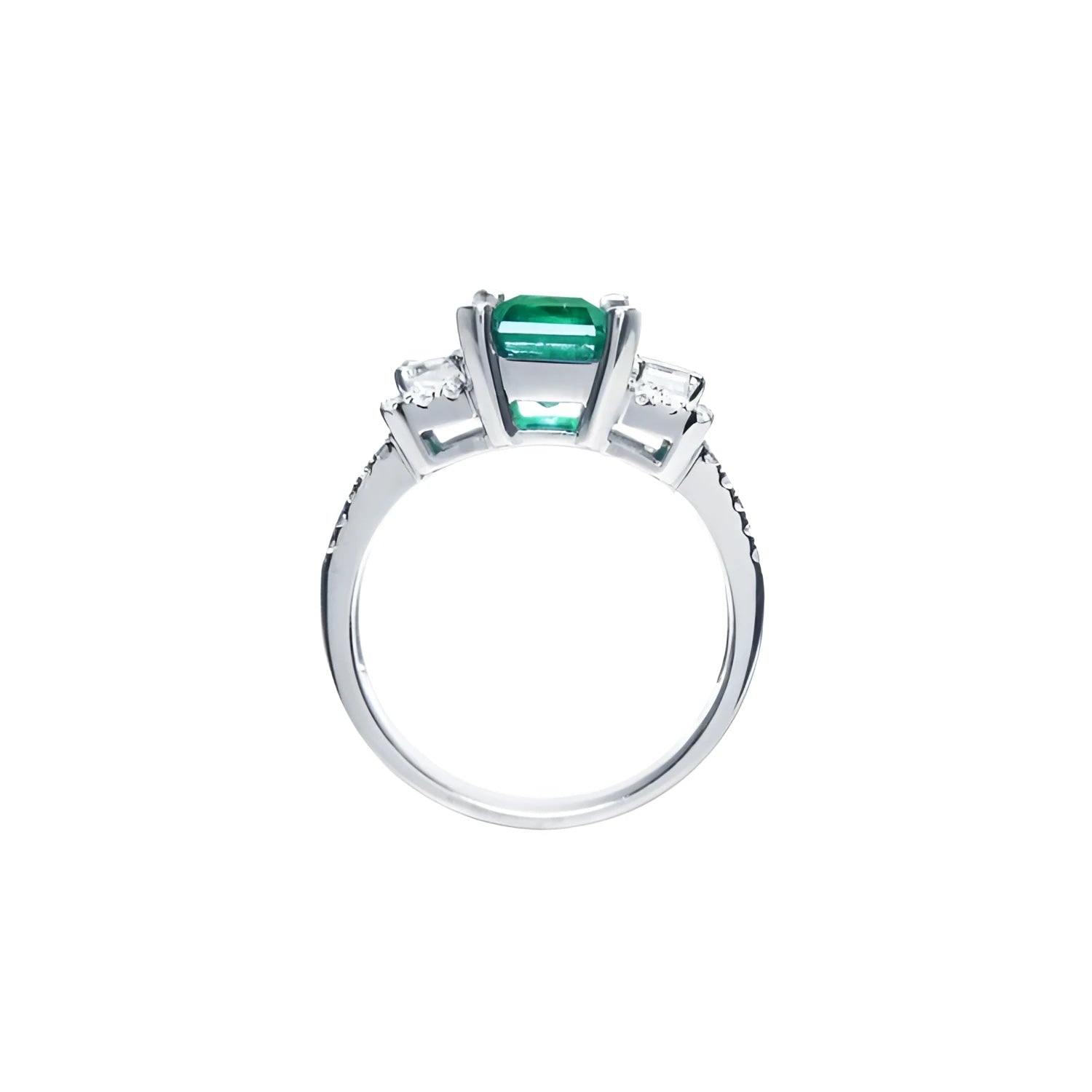 1.88 carat emerald ring with side emerald-cut diamonds and round accents in 18k white gold.