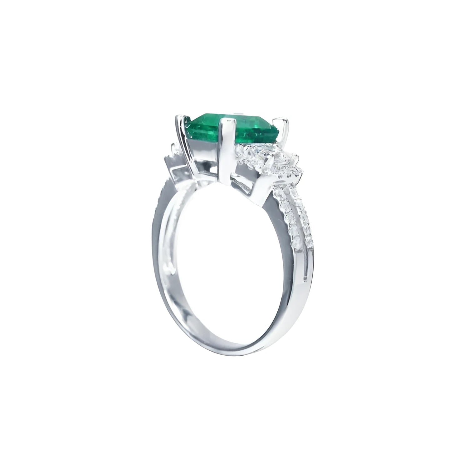 1.88 carat emerald ring with side emerald-cut and round diamonds in 18k white gold.
