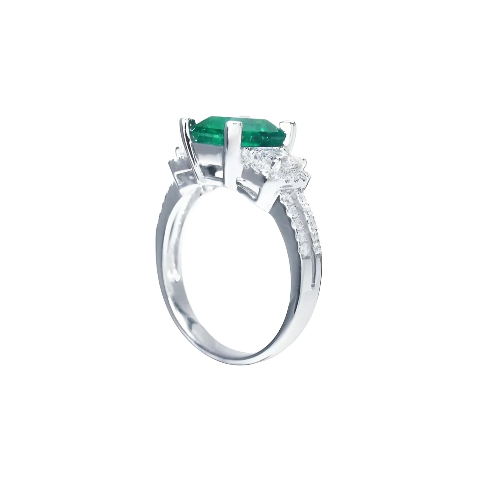 1.88 carat emerald ring with side emerald-cut and round diamonds in 18k white gold.