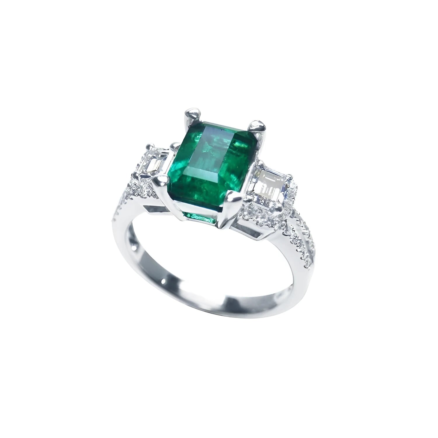 1.88 carat emerald ring with side emerald-cut and round diamonds in 18k white gold.
