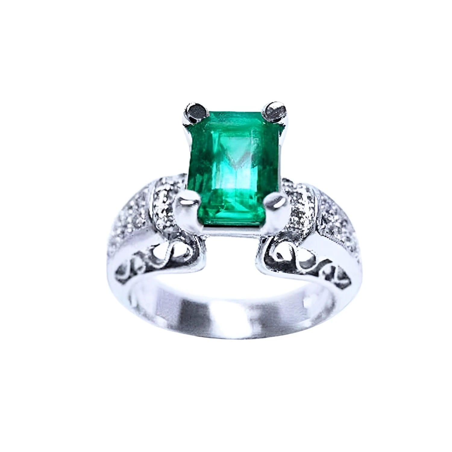 An emerald ring for women emerald-cut in 18k white gold, with accent natural diamonds.