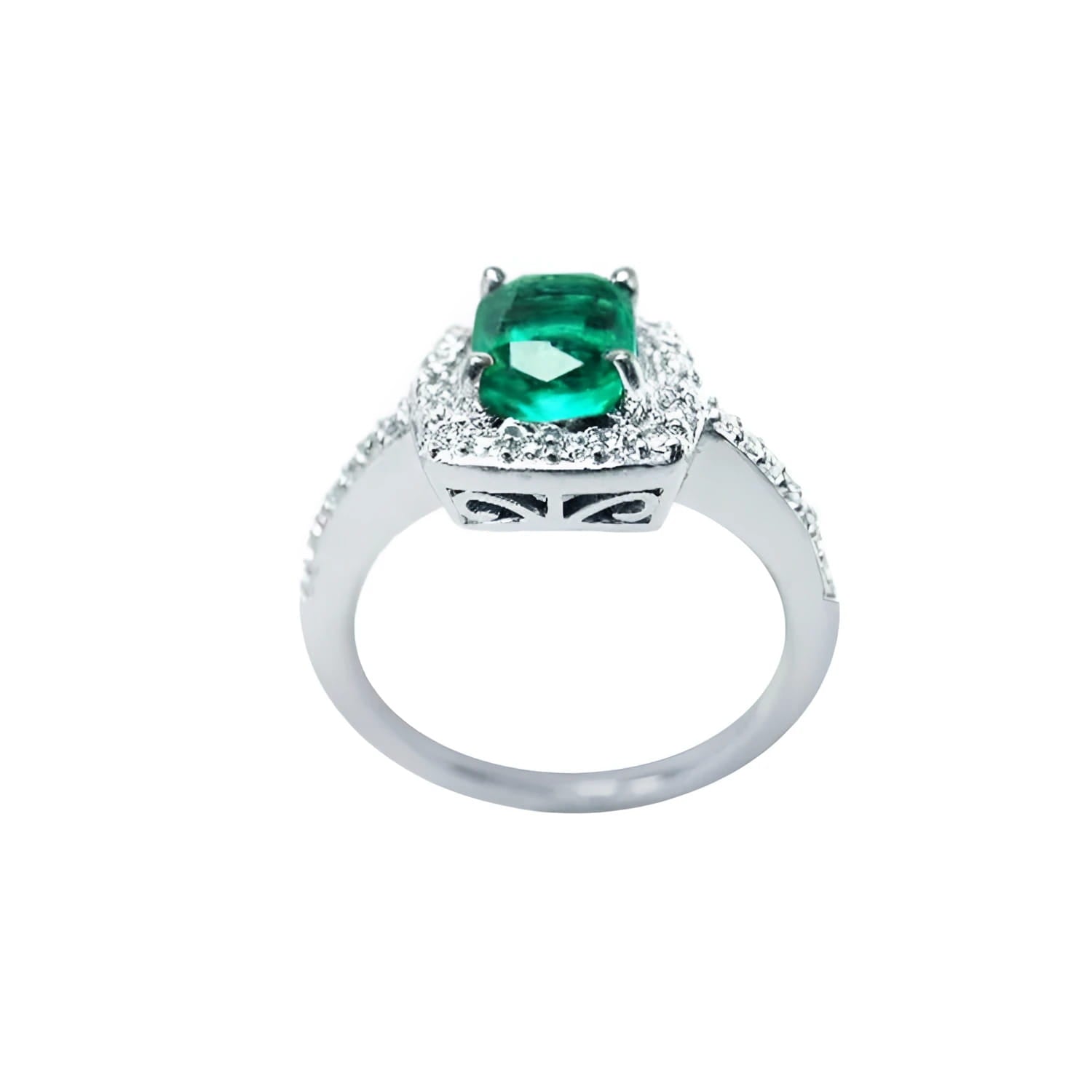 Women's 1.19 ct cushion cut emerald ring in 14K white gold with diamond halo and band.