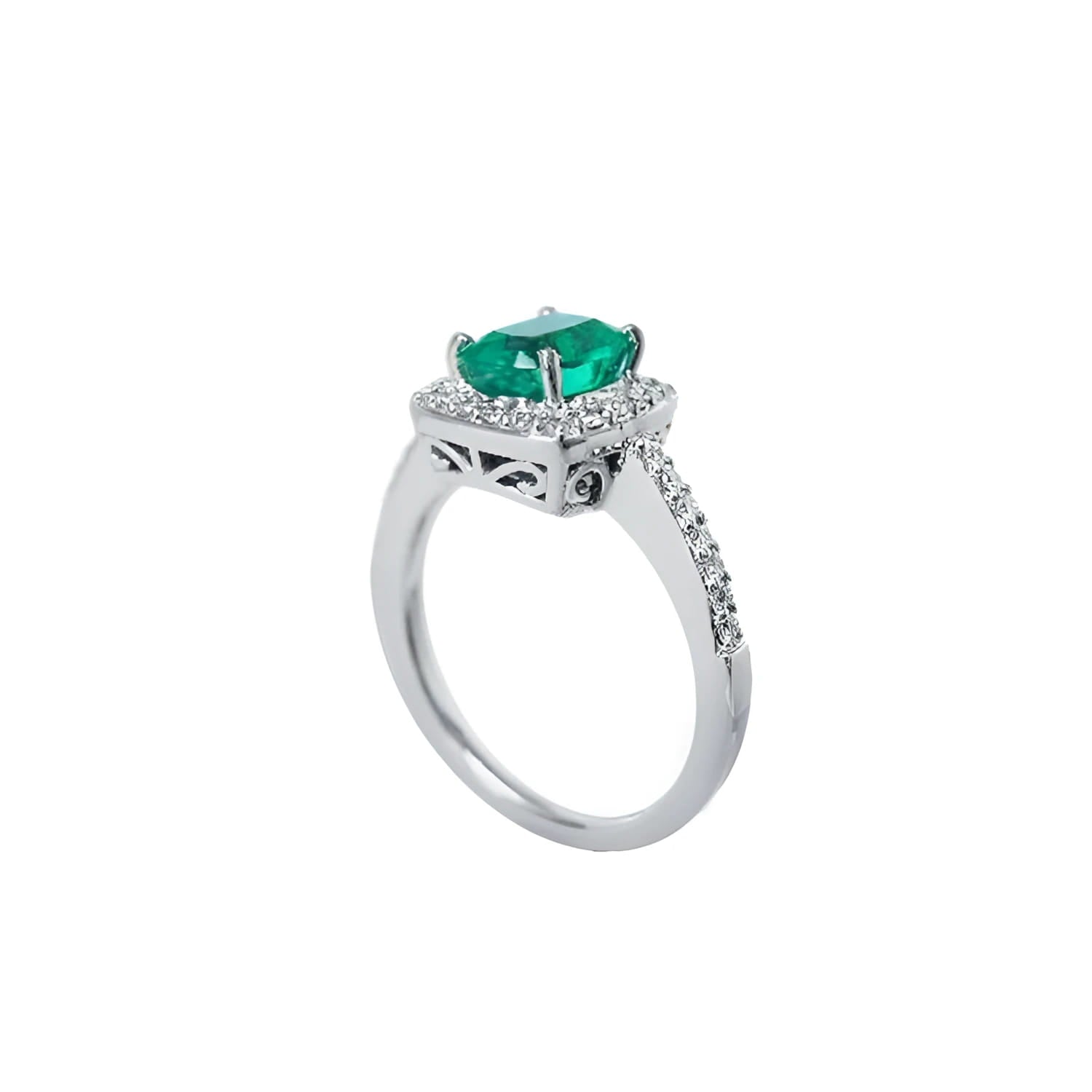 Women's 14K white gold ring with a cushion-cut emerald and diamond halo.