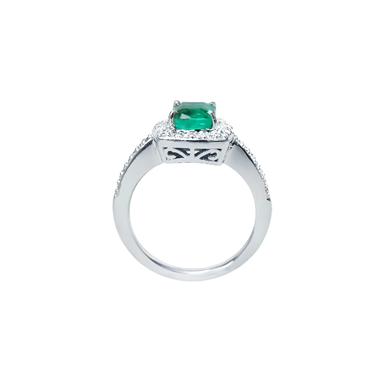 Women's 1.19 ct cushion cut emerald ring in 14K white gold with diamond halo and pavé band.