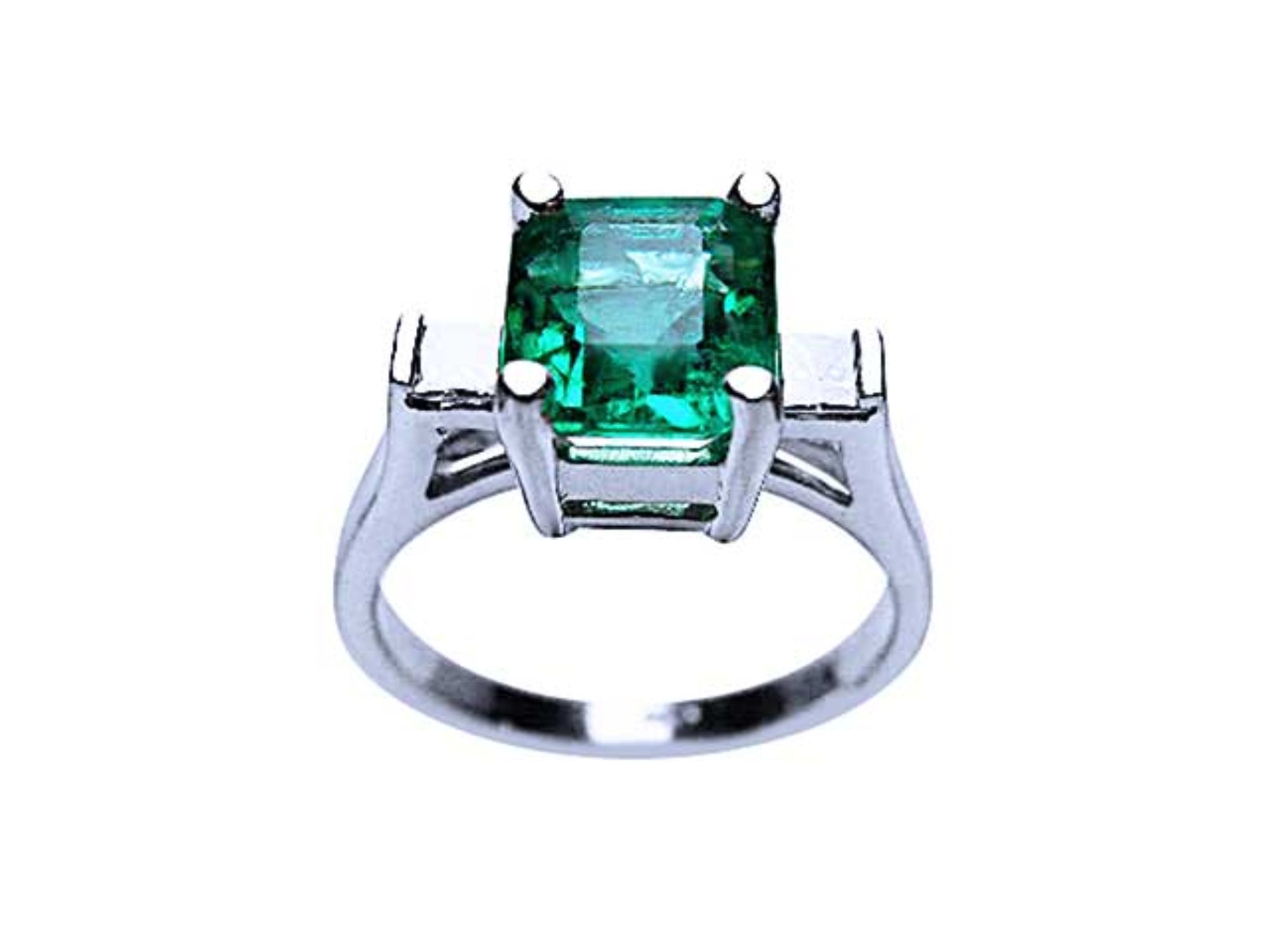 An emerald-cut real Colombian emerald ring in white gold top and partial gallery view.