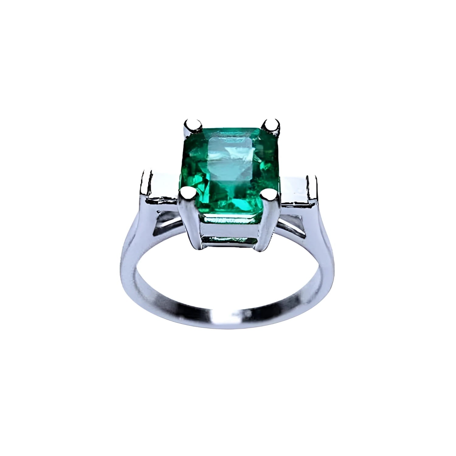 A GIA certified 1.56 ct emerald ring with princess-cut side diamonds in 14K white gold.