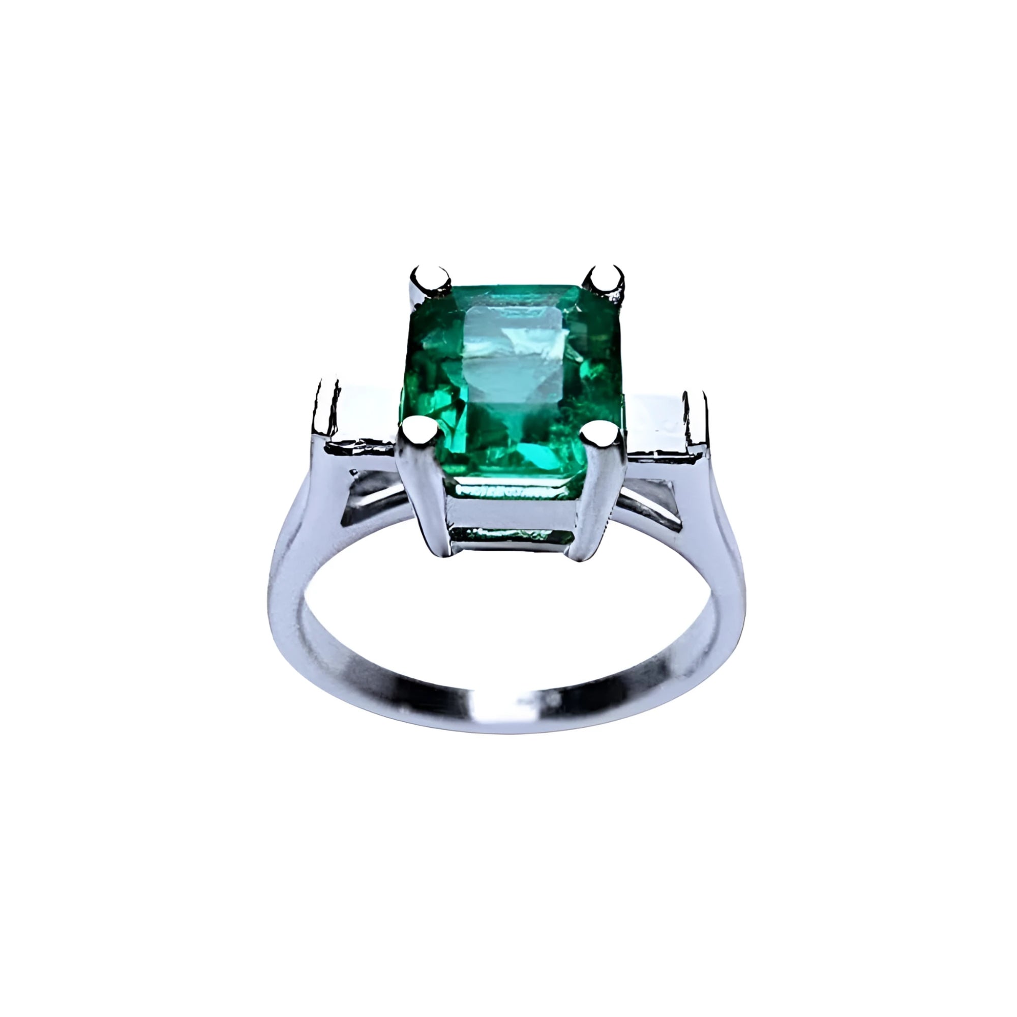A GIA certified 1.56 ct emerald ring with princess-cut side diamonds in 14K white gold.