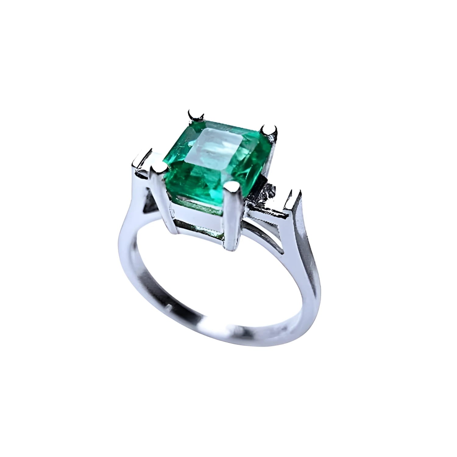 1.56 ct. bluish-green emerald ring with princess-cut side diamonds in 14K white gold.