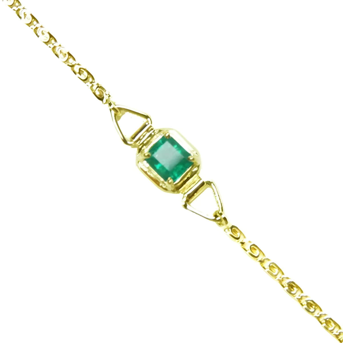 A square natural colombian emerald solitaire bracelet prong set in 14k yellow gold.