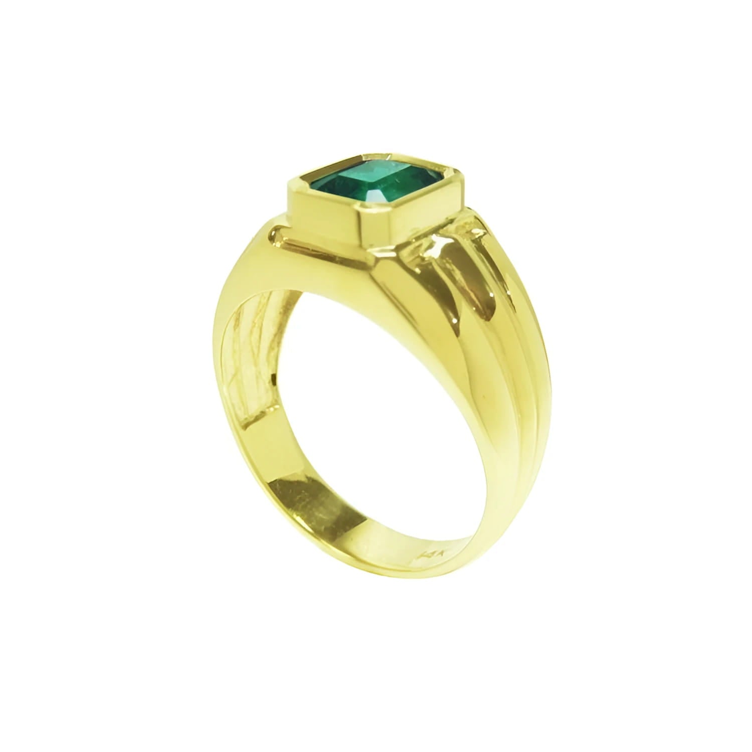 Men's 14K yellow gold solitaire ring with a deep green bezel-set Colombian emerald.