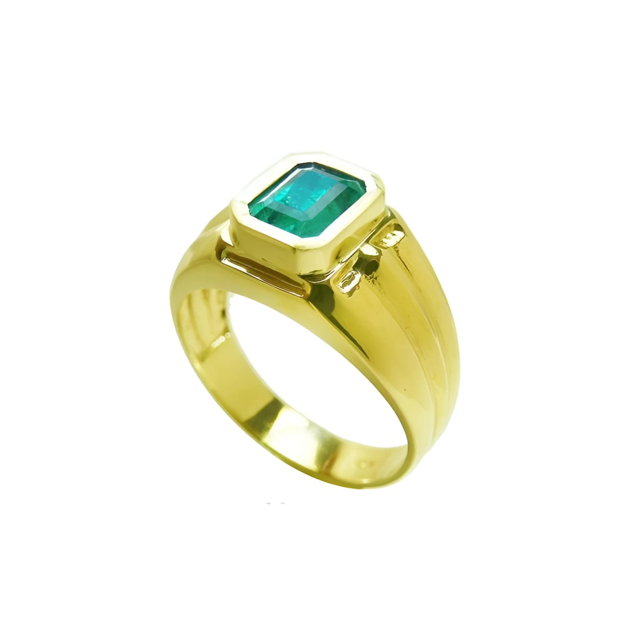 Men's 14K yellow gold solitaire ring with a bezel-set, deep green emerald.