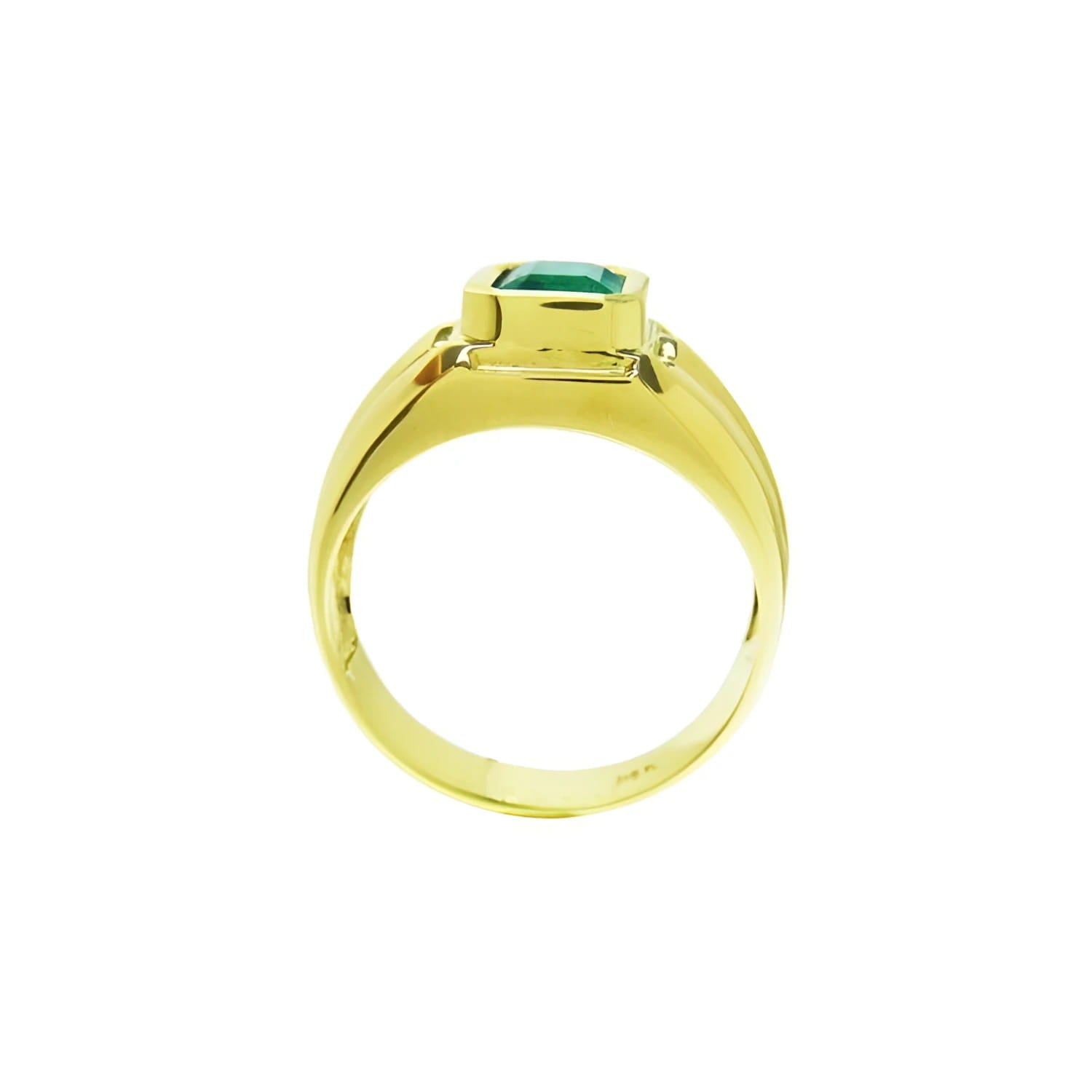 Men's 14K yellow gold solitaire ring with a bezel-set deep green Colombian emerald.