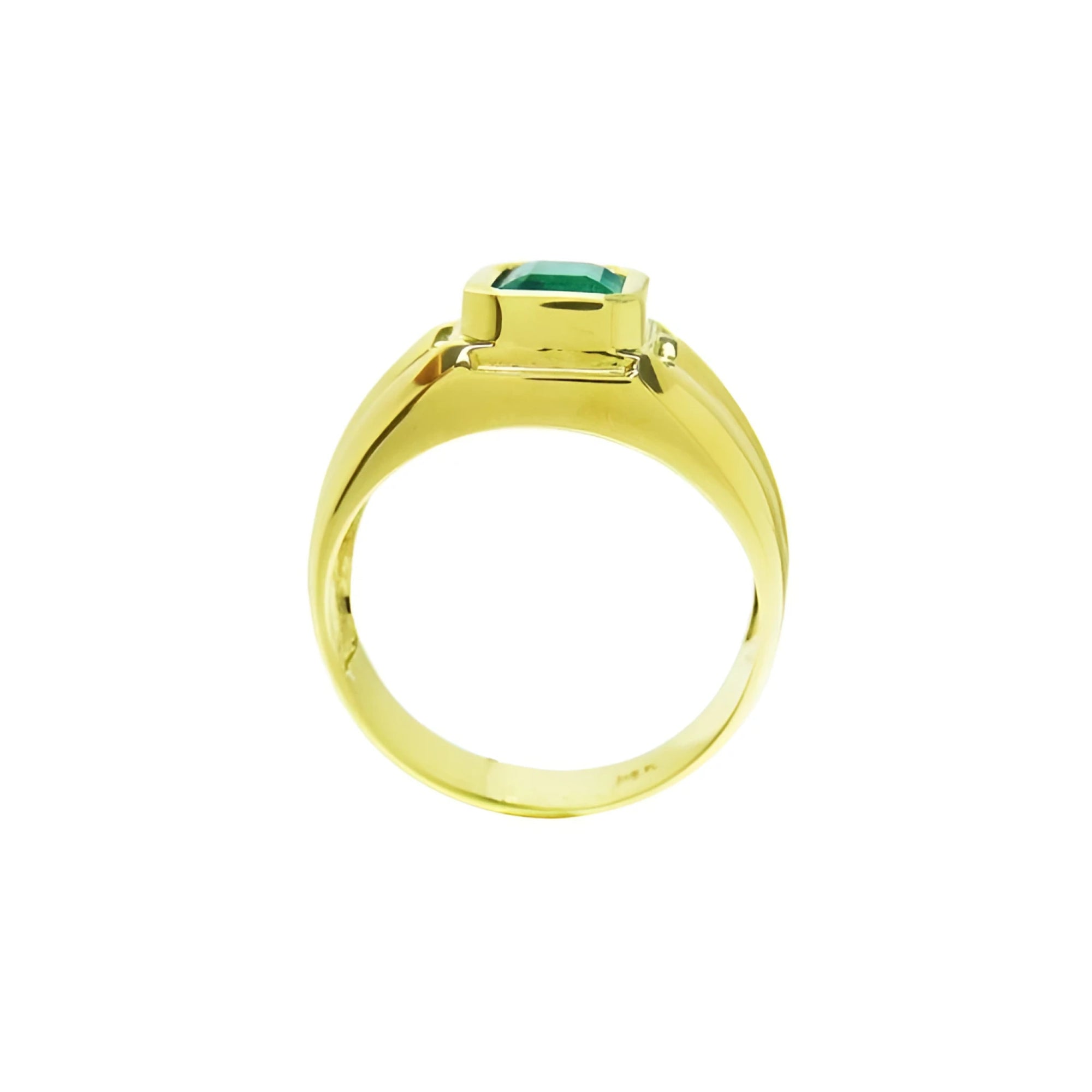 Men's 14K yellow gold solitaire ring with a bezel-set deep green Colombian emerald.