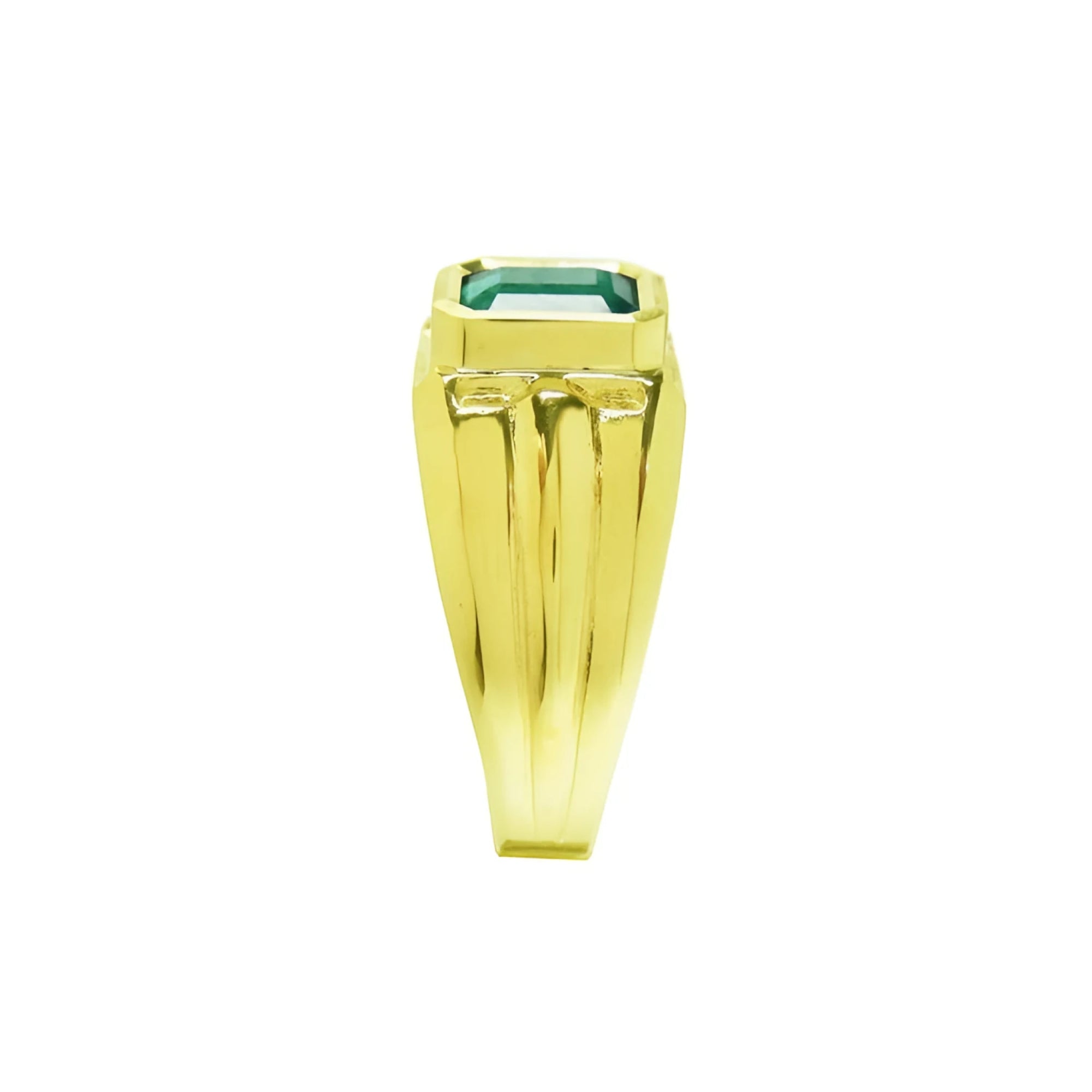 Men's 14K yellow gold solitaire ring with a bezel-set, deep green emerald.