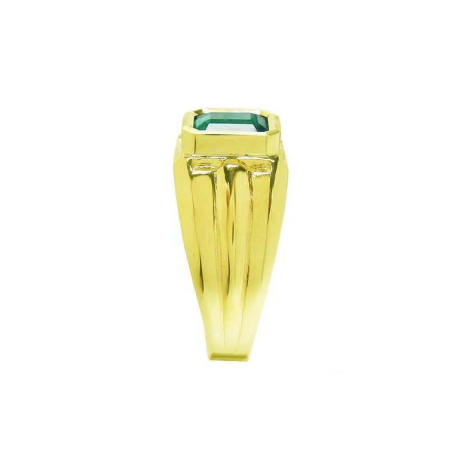 Men's 14K yellow gold solitaire ring with a bezel-set, deep green emerald.