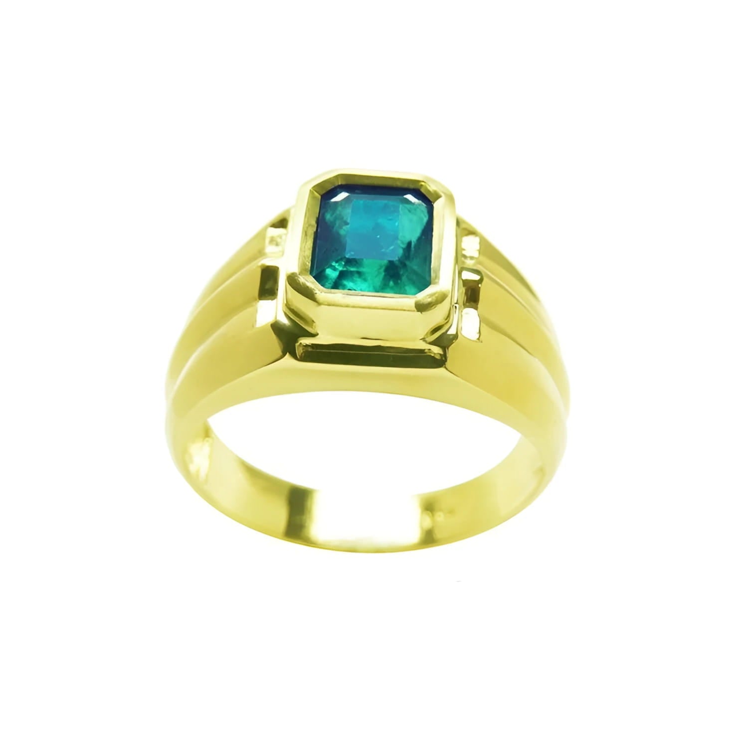 Men's 14K yellow gold solitaire ring with a bezel-set, deep green emerald.