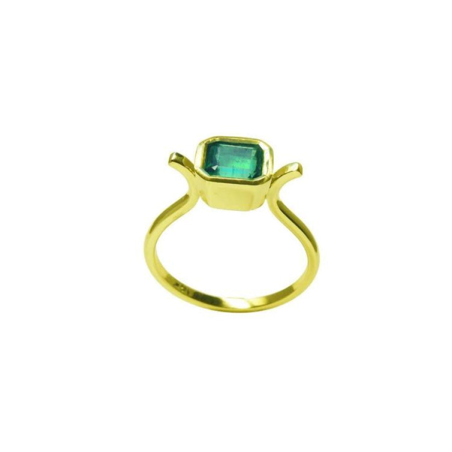 0.81 ct. emerald solitaire ring, bezel set in 14K yellow gold with a medium bluish-green emerald.