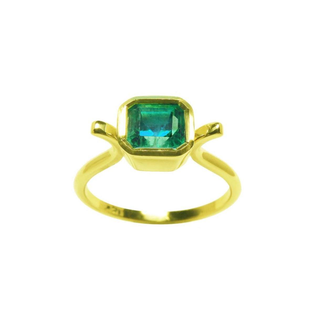 The topside perspective of a solitaire emerald ring bezel set in yellow gold