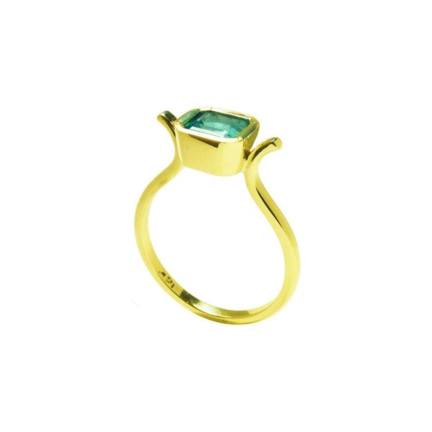 0.81 ct. emerald solitaire ring, bezel set in 14K yellow gold with a medium bluish-green stone.