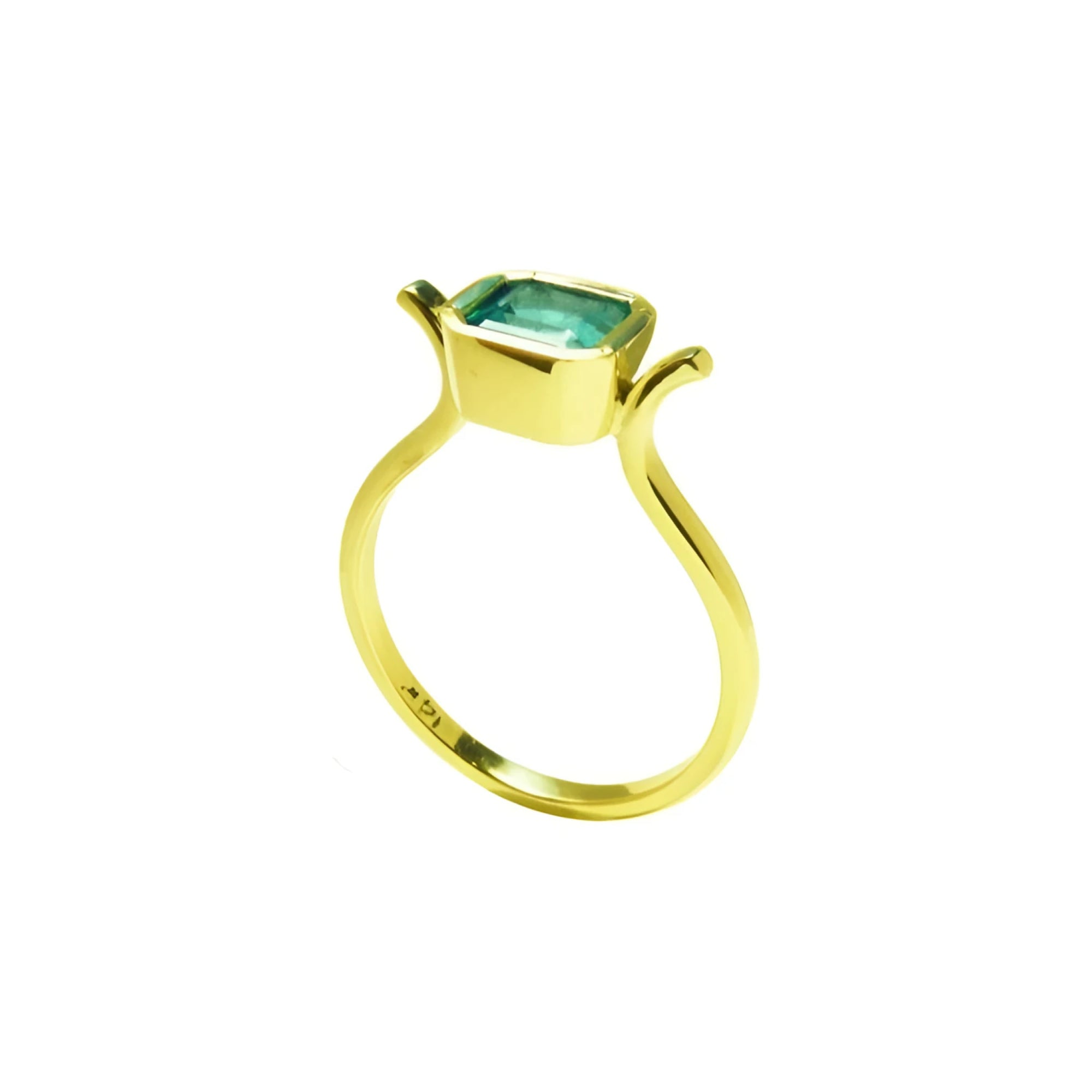 0.81 ct. emerald solitaire ring, bezel set in 14K yellow gold with a medium bluish-green stone.