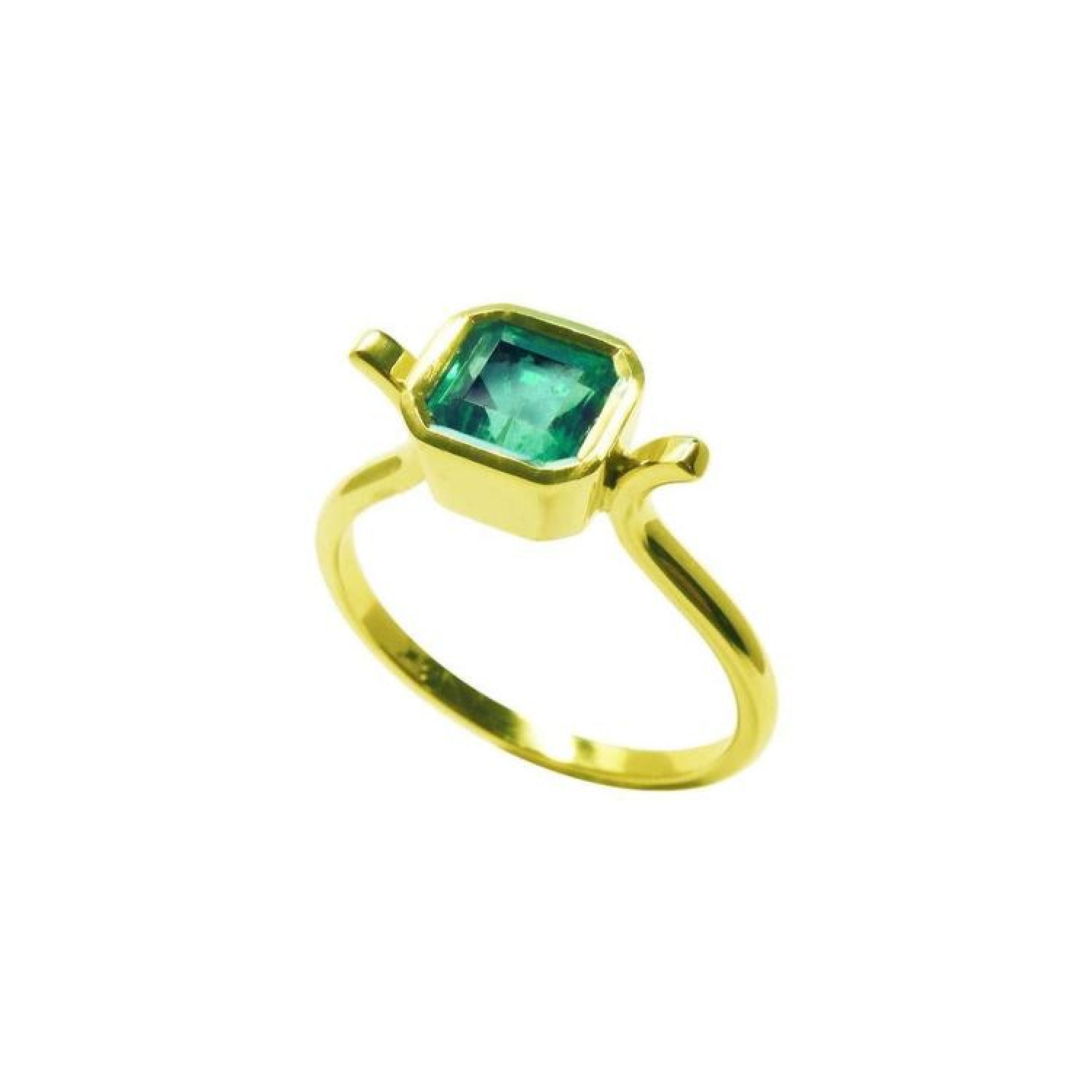 0.81 ct. emerald solitaire ring with a medium bluish-green stone, bezel set in 14K yellow gold.