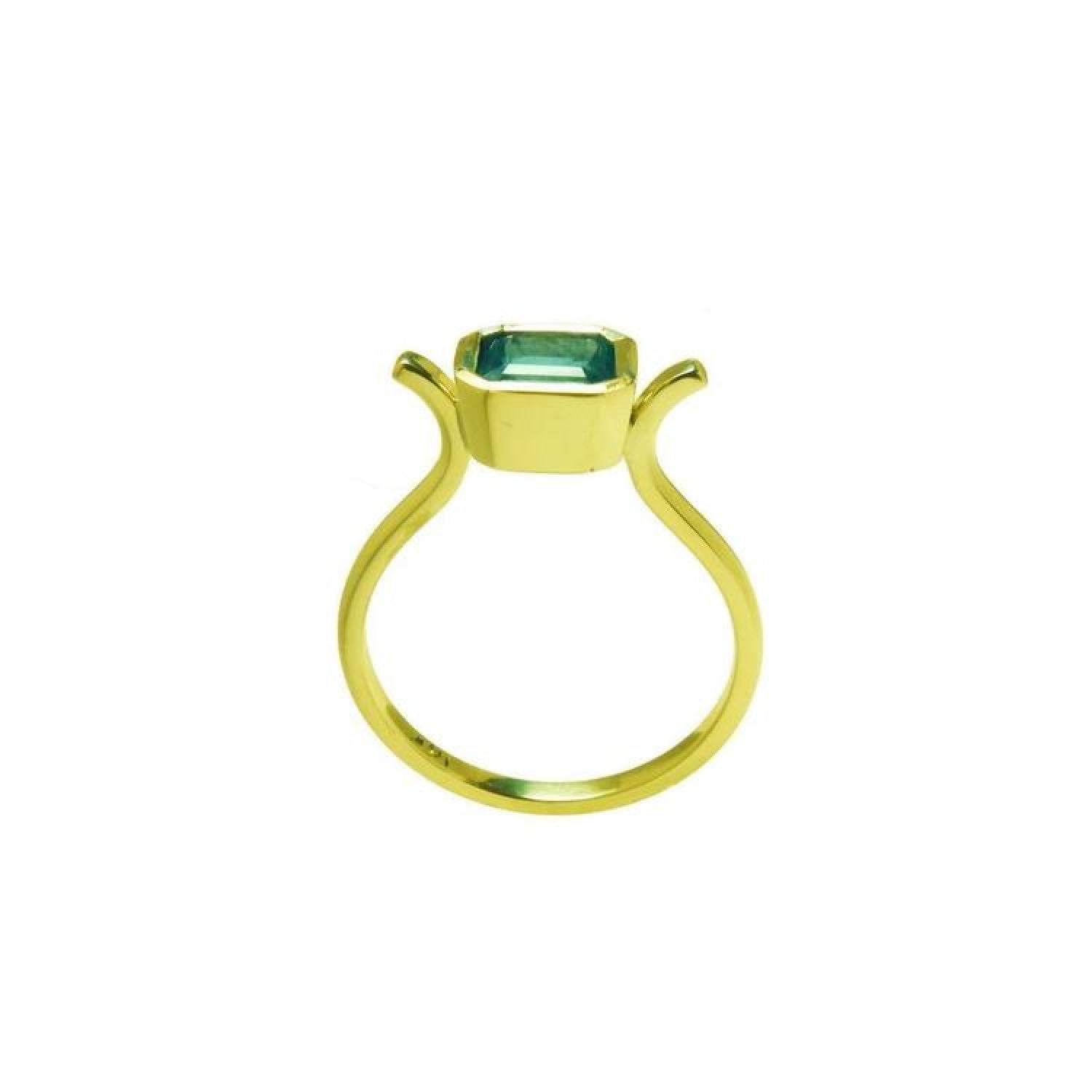 0.81 ct. emerald solitaire ring, bezel set in 14K yellow gold with a unique open shank design.