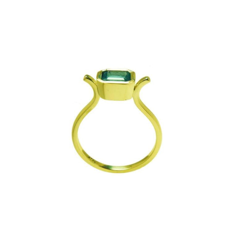 0.81 ct. emerald solitaire ring, bezel set in 14K yellow gold with a unique open shank design.