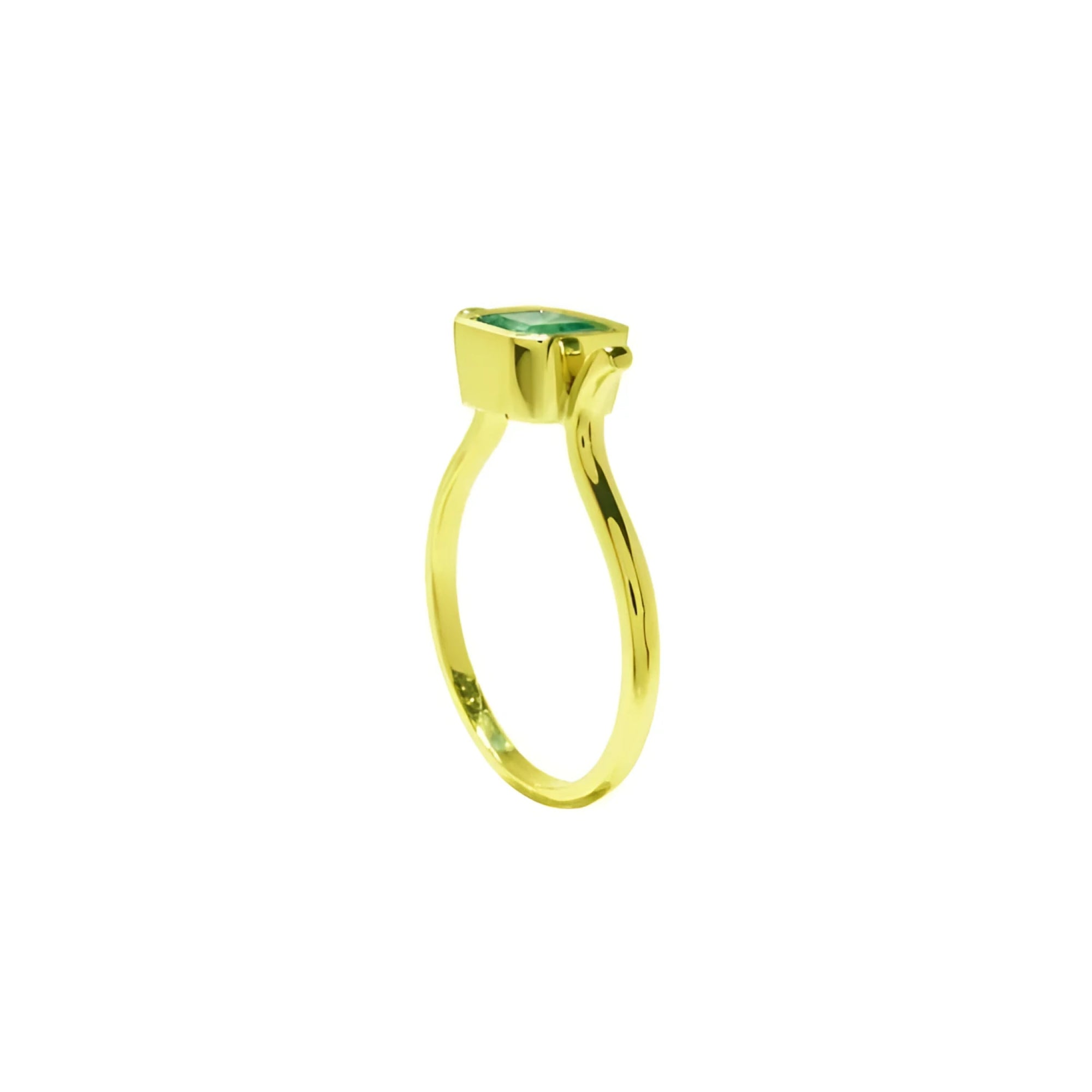 0.81 ct. emerald solitaire ring, bezel set in 14K yellow gold with a medium bluish-green emerald.