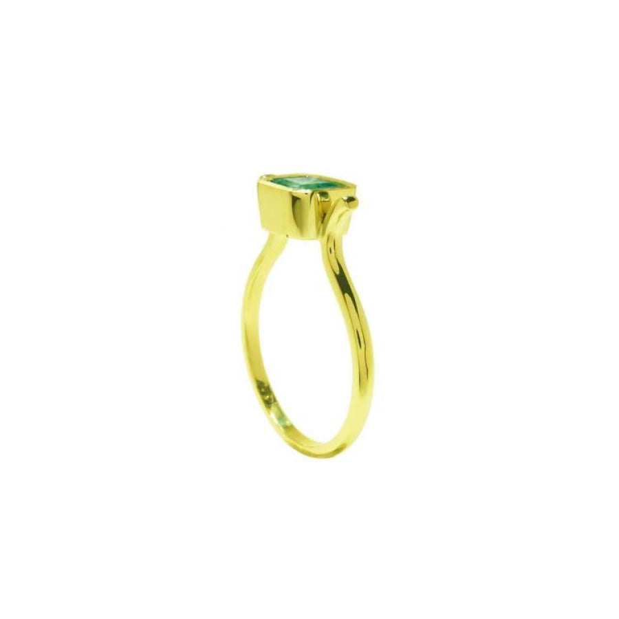 0.81 ct. emerald solitaire ring, bezel set in 14K yellow gold with a medium bluish-green emerald.