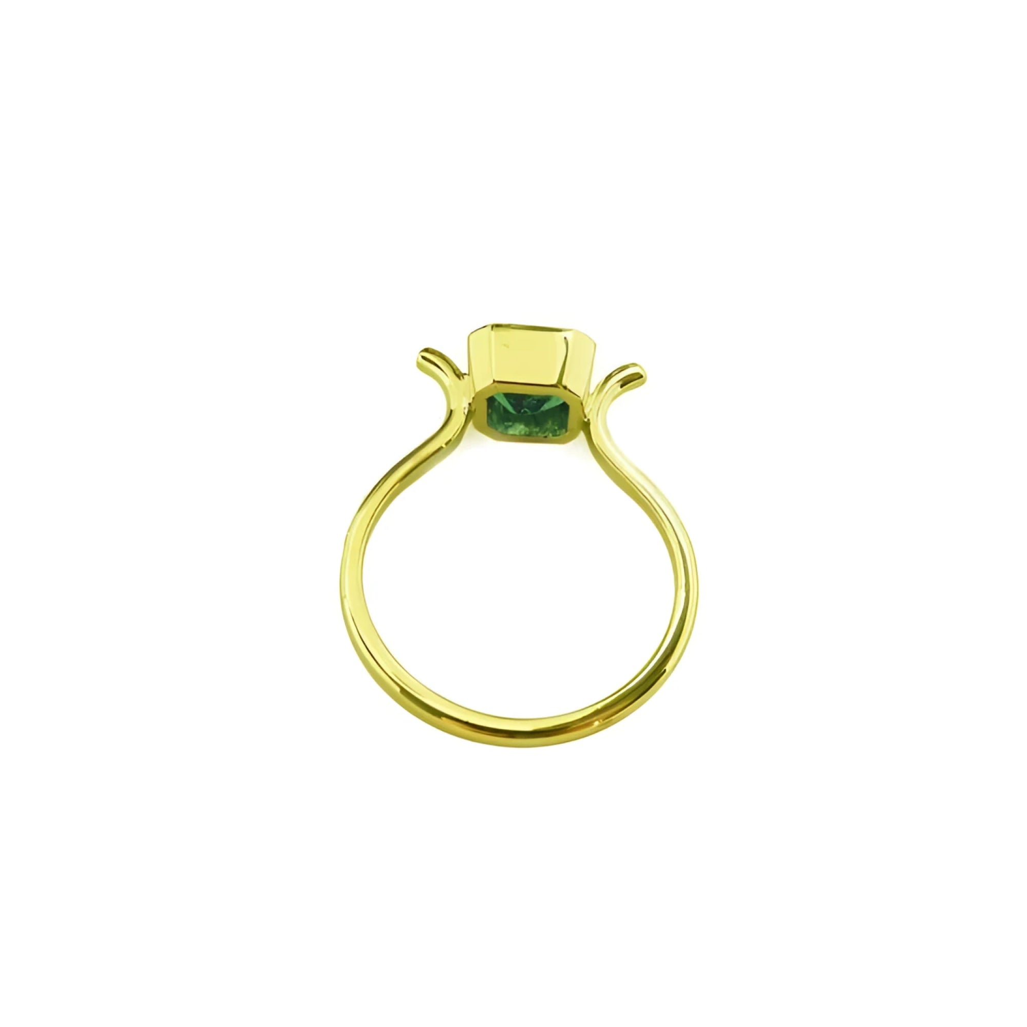 0.81 ct. emerald solitaire ring in 14K yellow gold with a bezel setting.