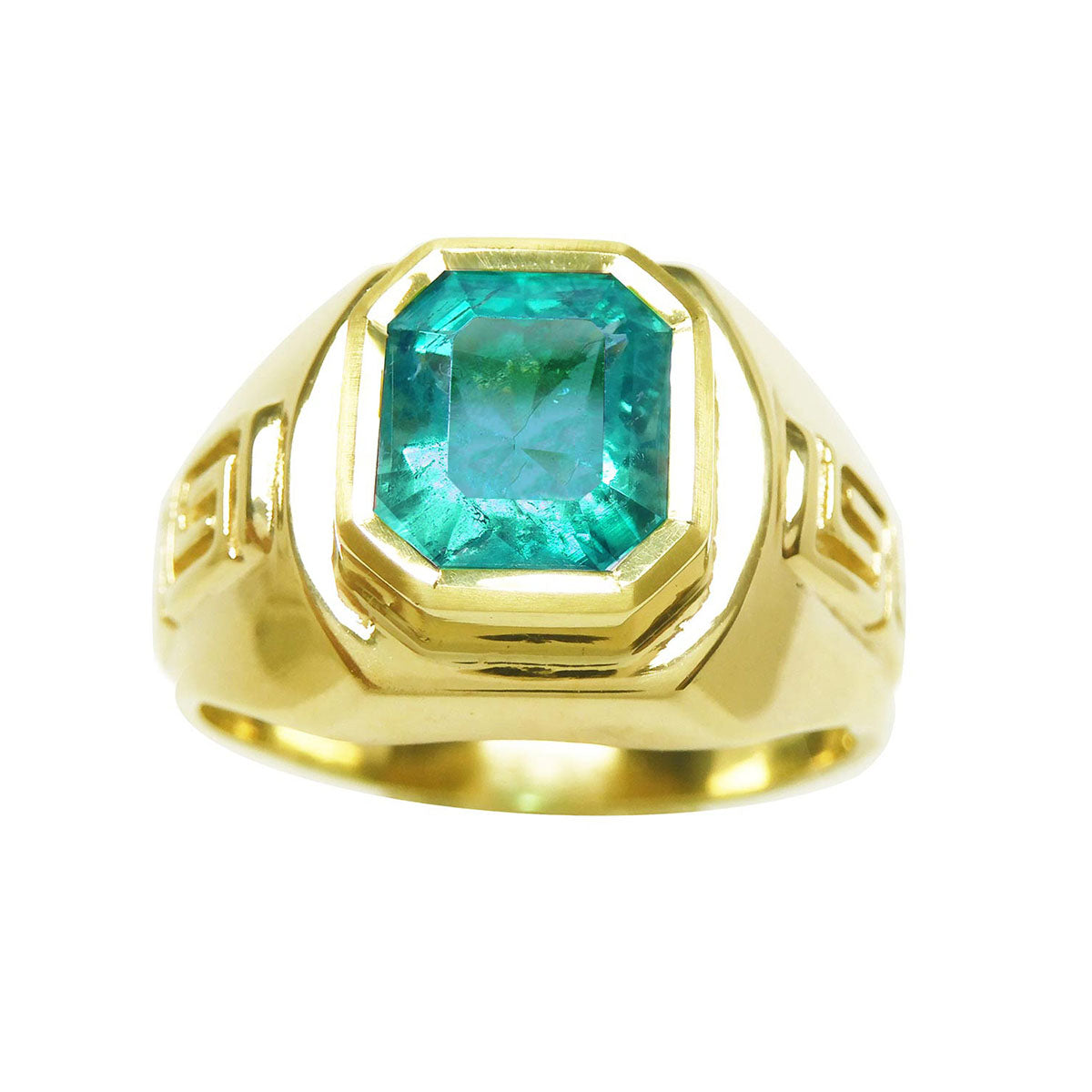 3.16 Carats Men's Solitaire Ring Bezel Set Colombian Emerald 14K Yellow Gold