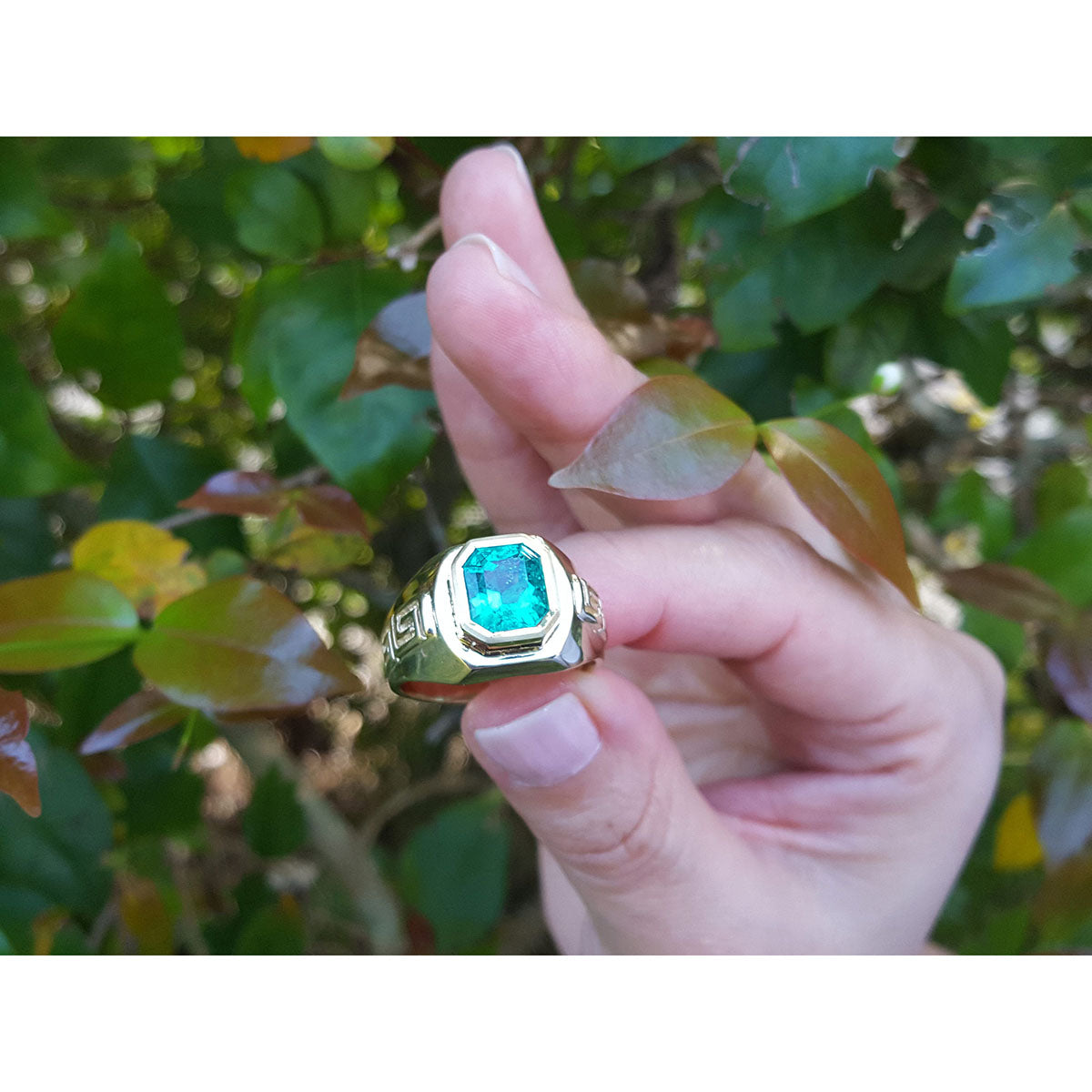 A men&#39;s gold ring with a bezel set natural emerald held by a hand against a leafy background.