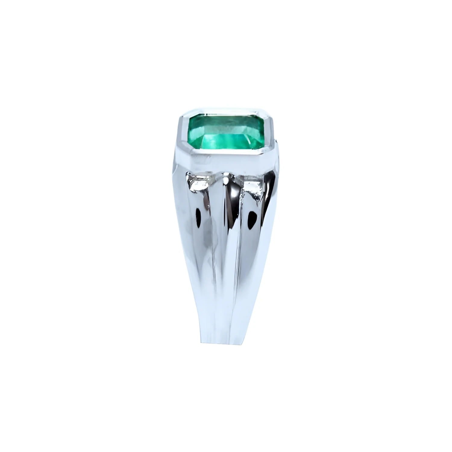 Men's 18K white gold solitaire ring with a bezel-set, rectangular Muzo emerald.