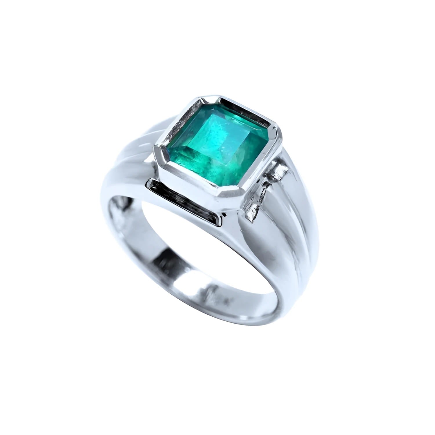 Men's 18K white gold ring with a bezel-set, rectangular Muzo emerald solitaire.
