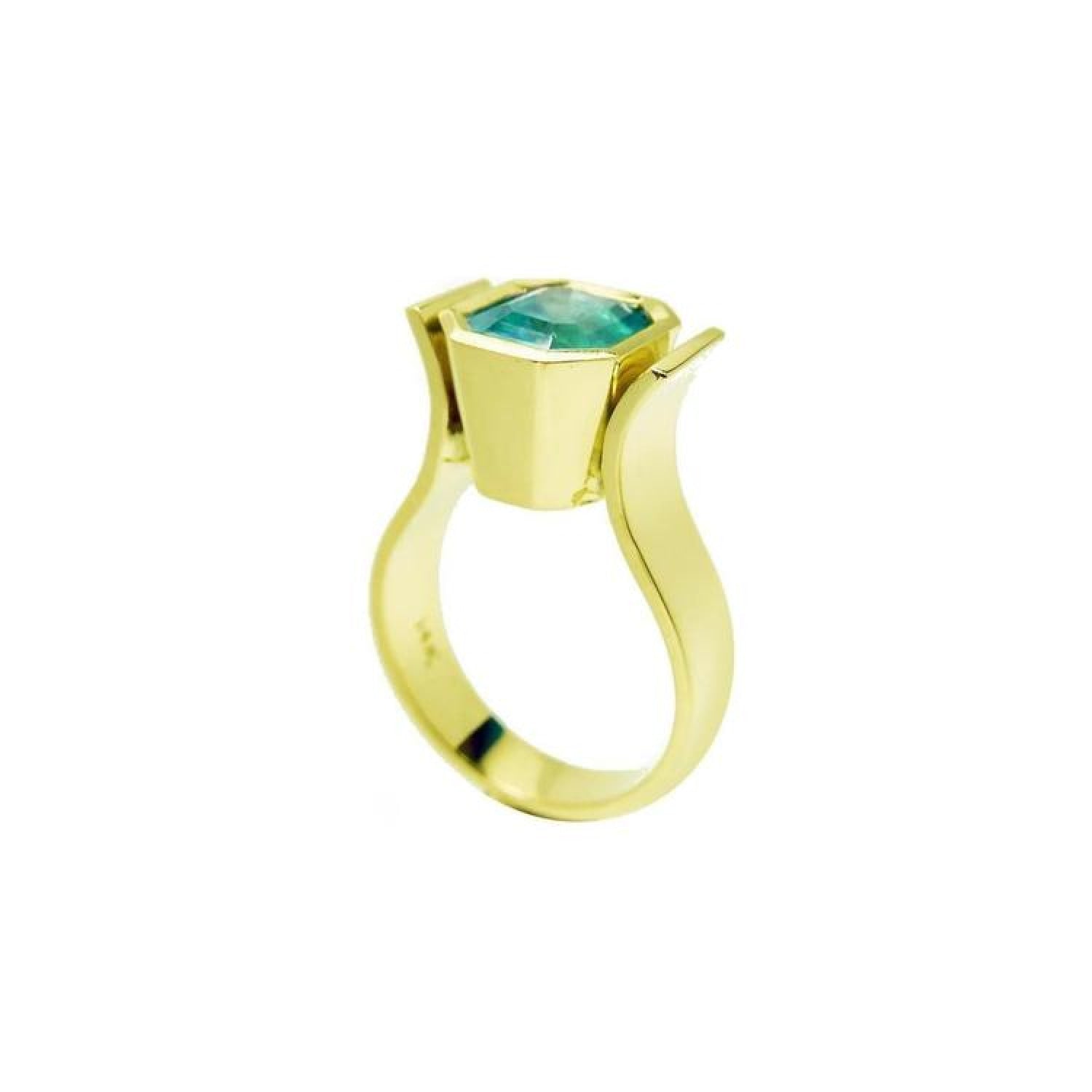 14K yellow gold ring with a bezel-set, rectangular 2.14 ct. medium bluish green emerald.